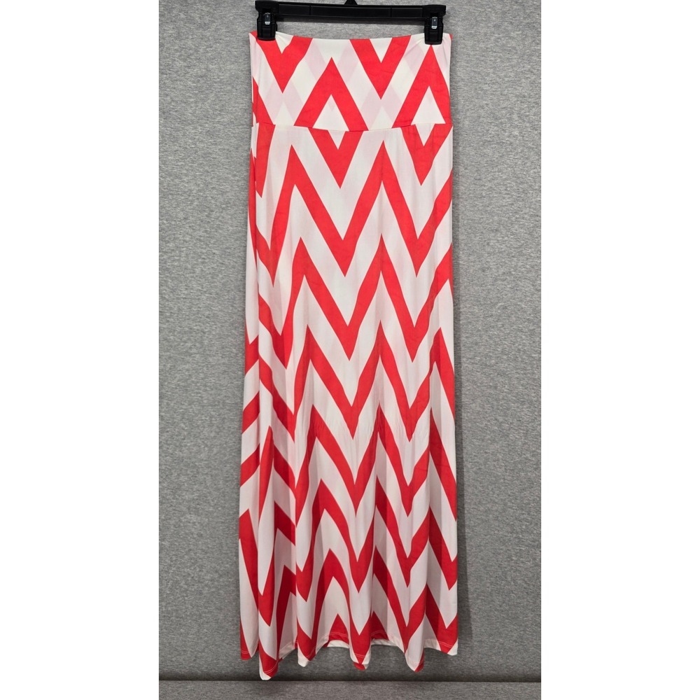 Chevron Maxi Skirt Fold Over Waist Geometric Zig Zag Long Skirt Coral White Med.